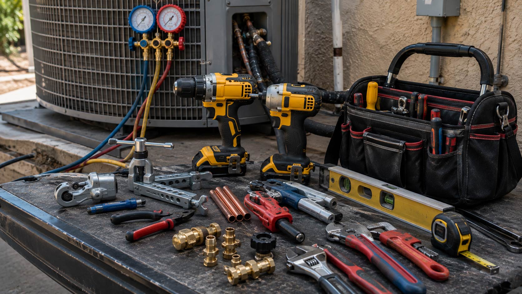 Professional HVAC installation tools drills cutters and hand tools