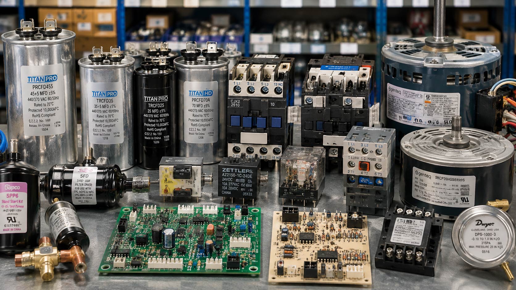 HVAC motors capacitors contactors controls and replacement parts