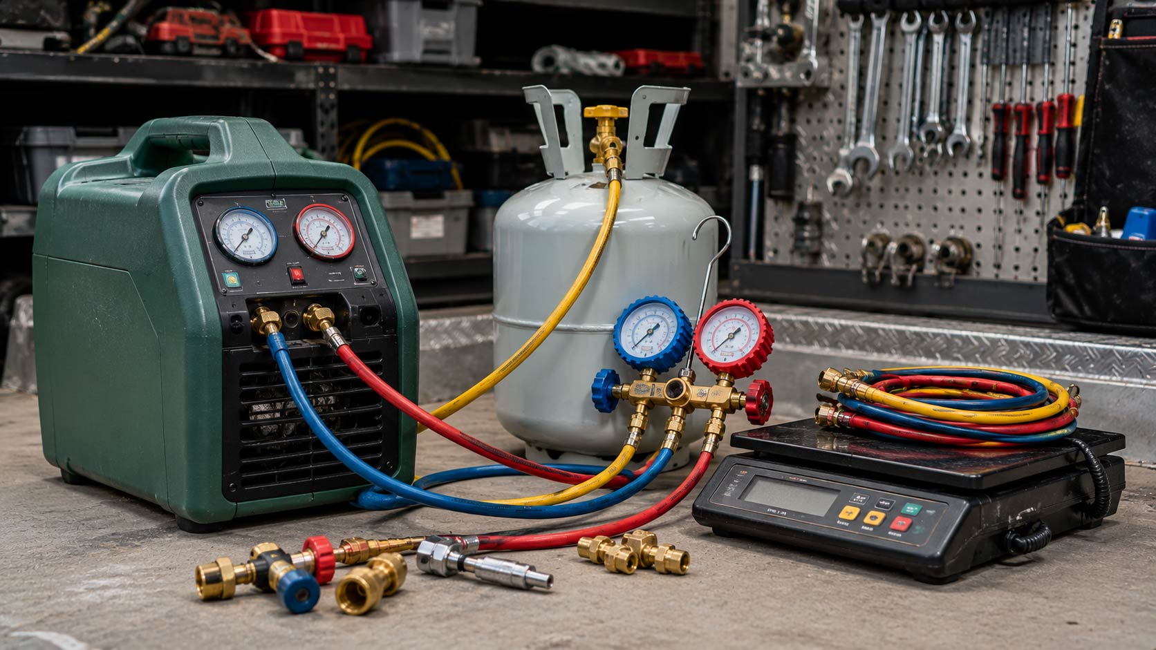 HVAC refrigerant recovery machine scale hoses and charging equipment