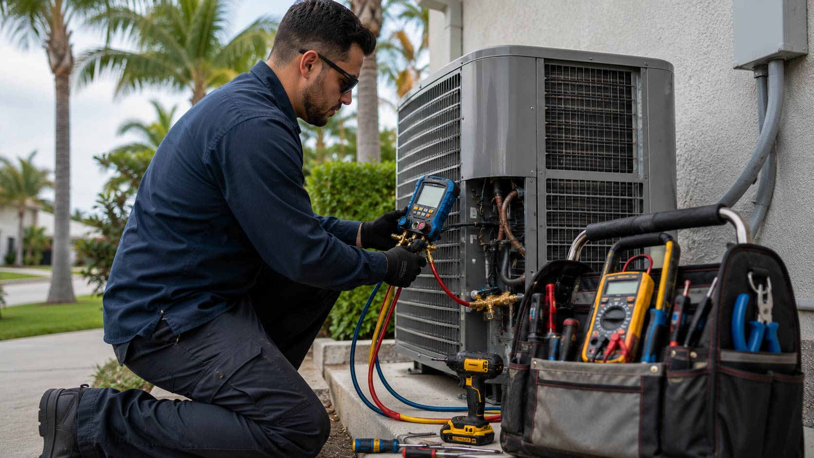 Miami HVAC contractor using professional service and installation tools