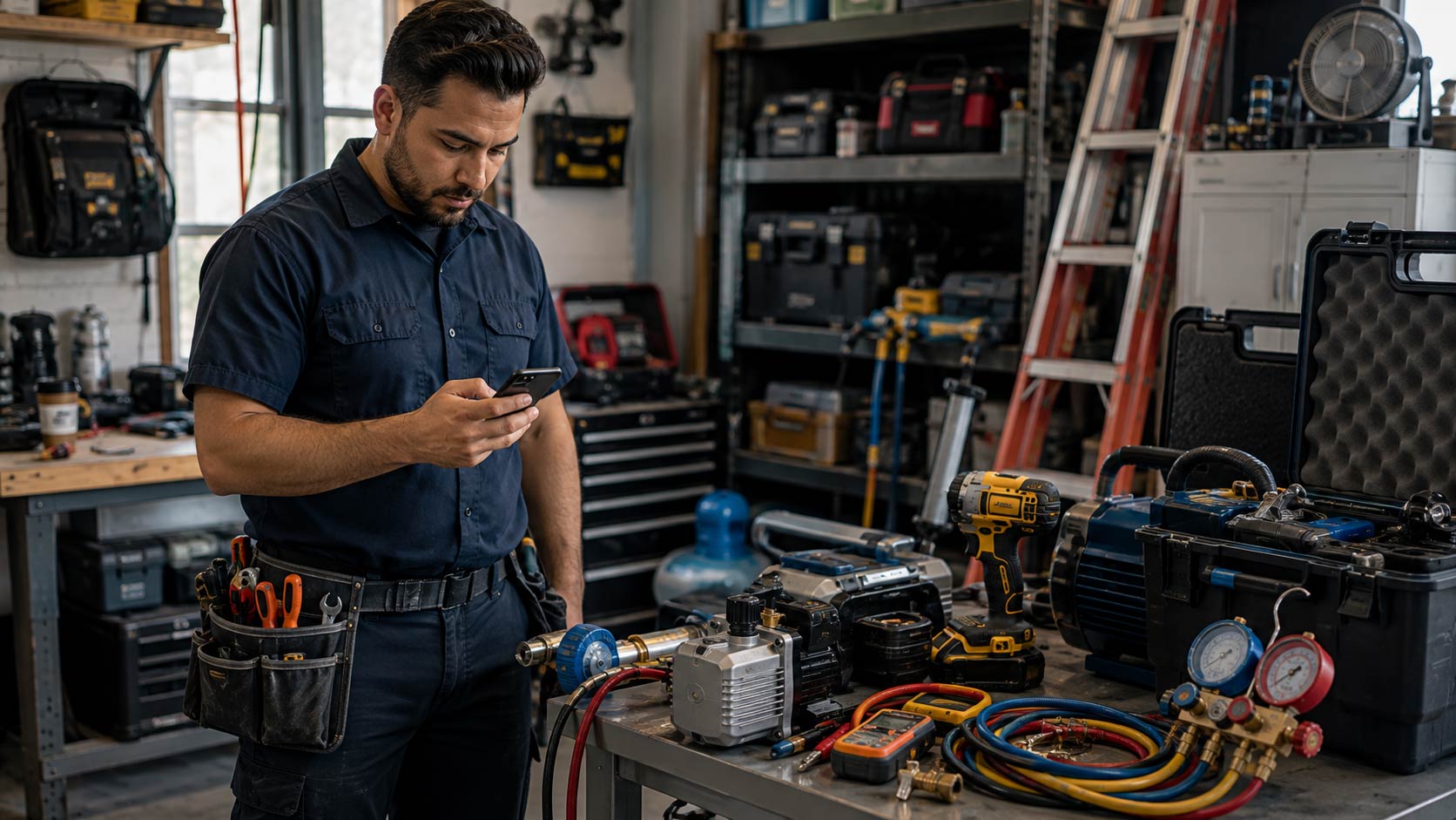 Contractor using a smartphone while surrounded by professional tools and equipment